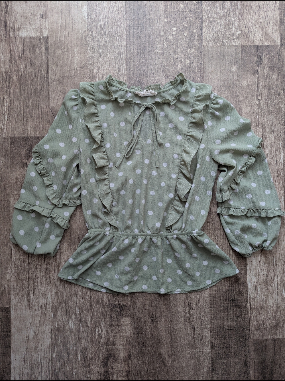 Sweet Wanderer Sage Green Polka Dot Ruffle Peplum Blouse